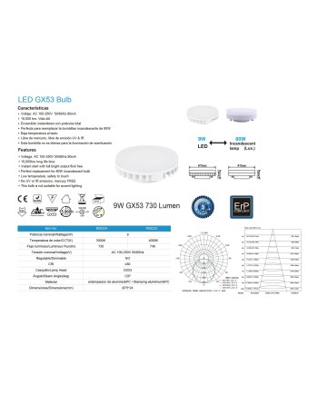 BOMBILLA LED GX53 9W 3000K  120º  730lm